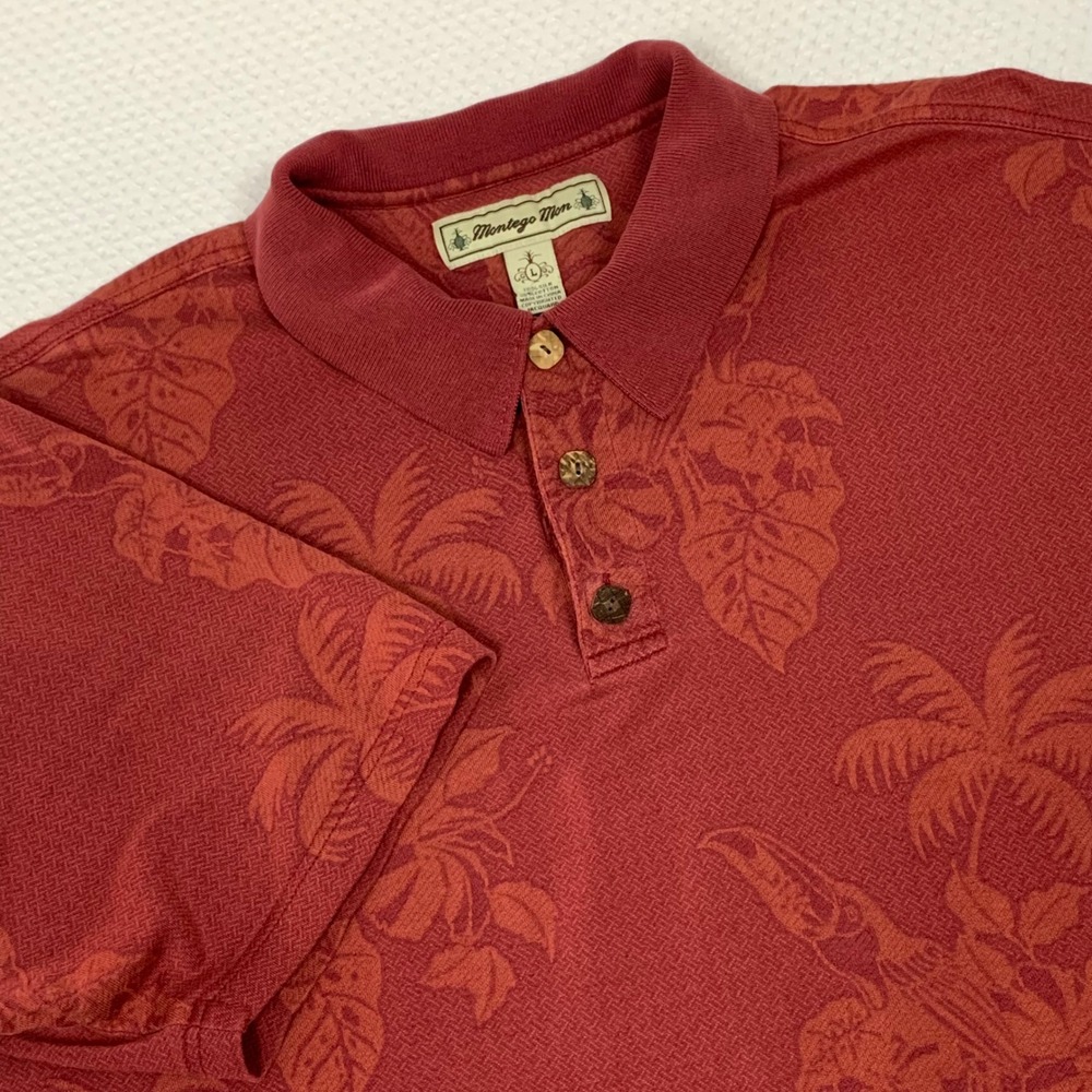 Montego Mon Mens Silk Cotton Jacquard Polo Shirt Red Tropical Palm Toucan L